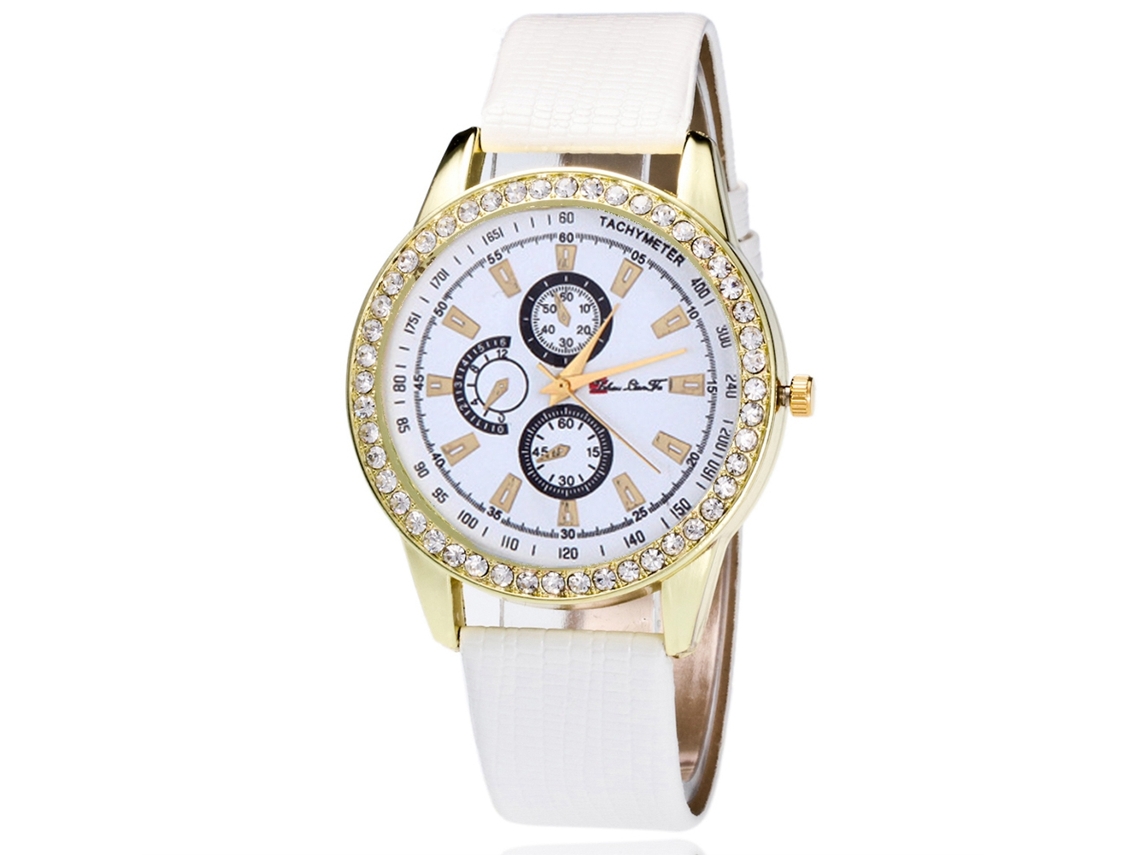Relógio de Pulso Feminino de Quartzo Casual com Pulseira de Couro Pu Esfera Redonda Branco
