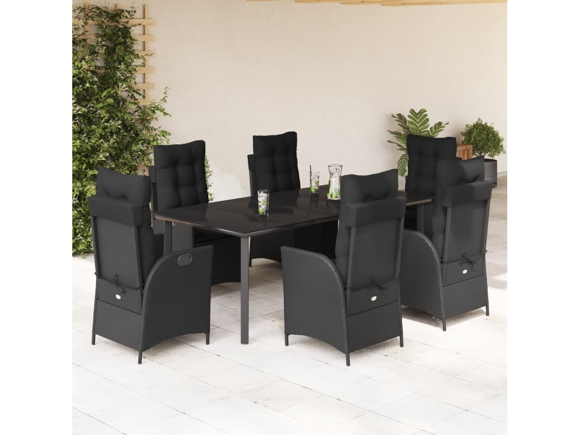 Vidaxl 7 Pcs Conjunto De Jantar P/ Jardim C/ Almofadões Vime Pe Preto
