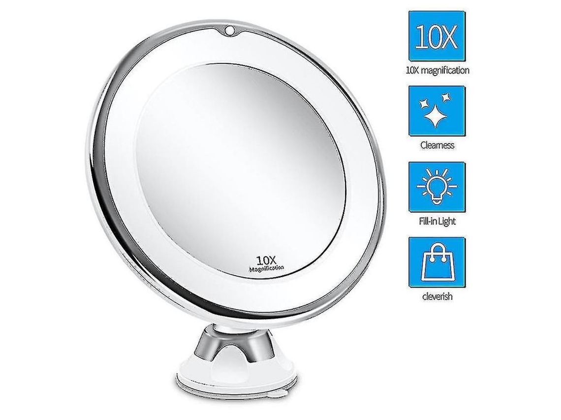 Espelho de Maquiagem 2026 com Luz, Ampliação de 10x, Bateria USB, Ventosa, Rotação de 360°