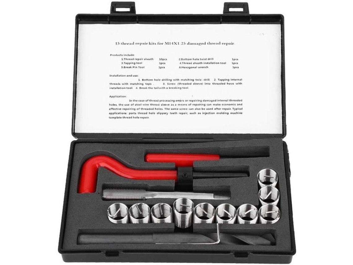 Conjunto De Reparação De Rosca - 15 Peças - M14 X 1,25 - Aço Inoxidável - Alta Precisão - Inclui Ferramentas - Conjunto De Rosca