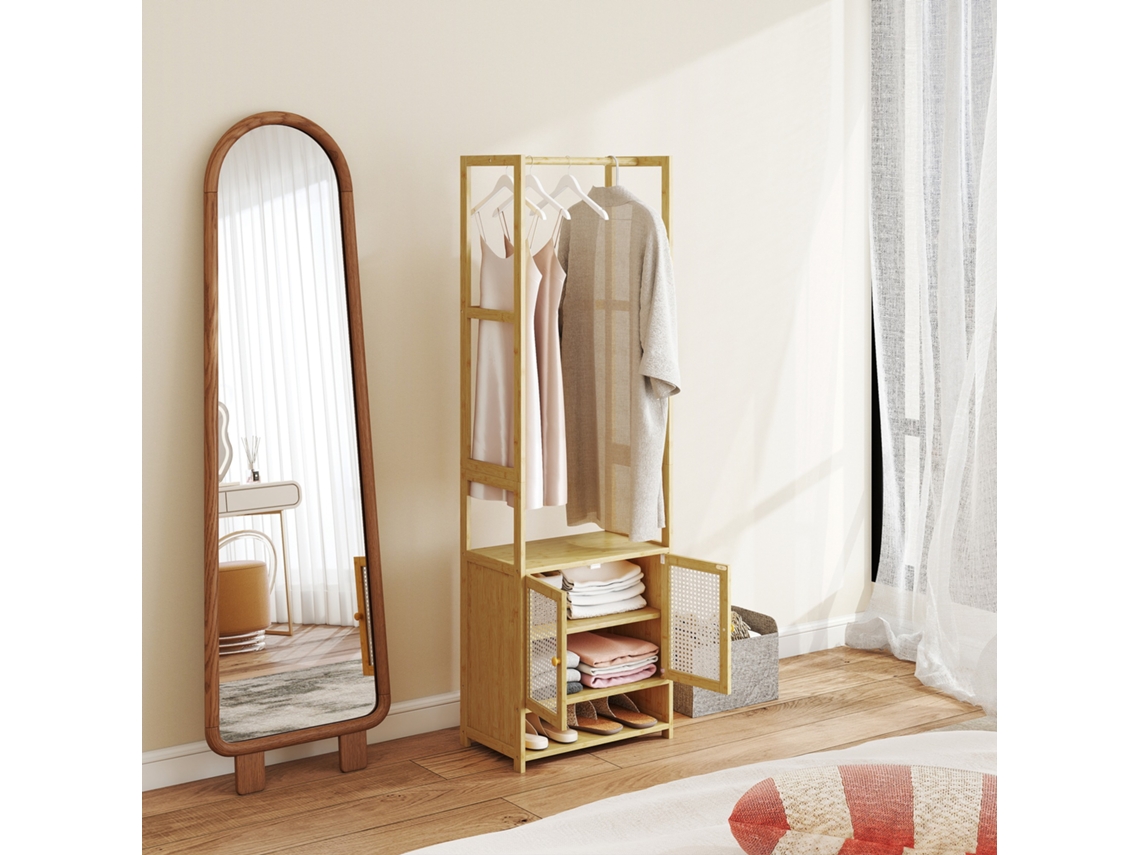 Móvel Cabide De Entrada Bambu Com Sapateira Barra Para Pendurar Prateleira Ajustável 53x31x168 Cm Madeira