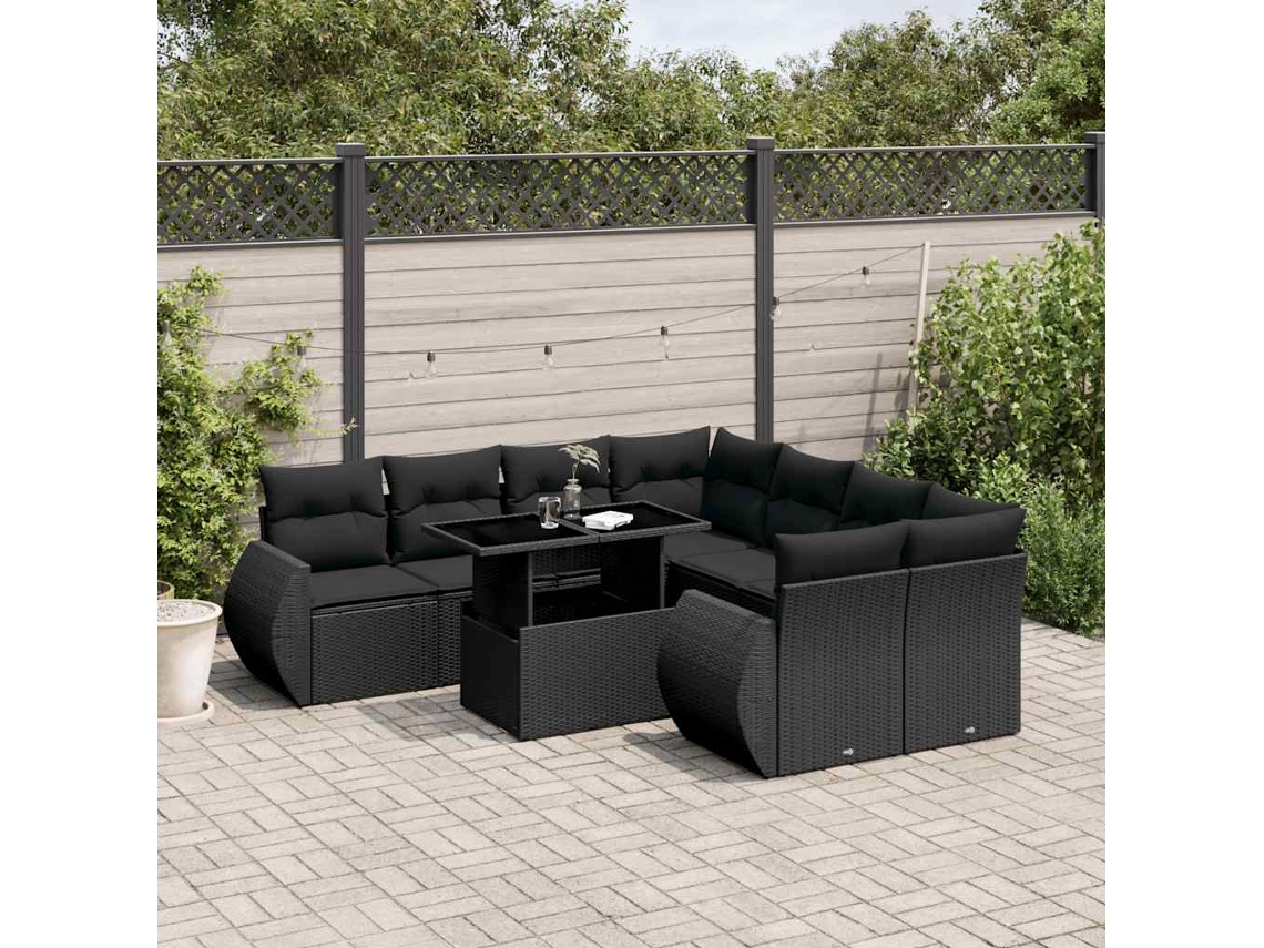 Vidaxl 9 Pcs Conjunto De Sofás P/ Jardim C/ Almofadões Vime Pe Preto