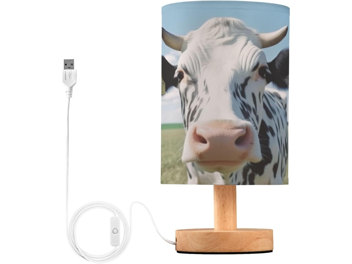 Luminária De Mesa Skyshu Em Formato Vaca Pequena Led Usb Com Base Madeira Antiderrapante E Cúpula Que Não Agride Os