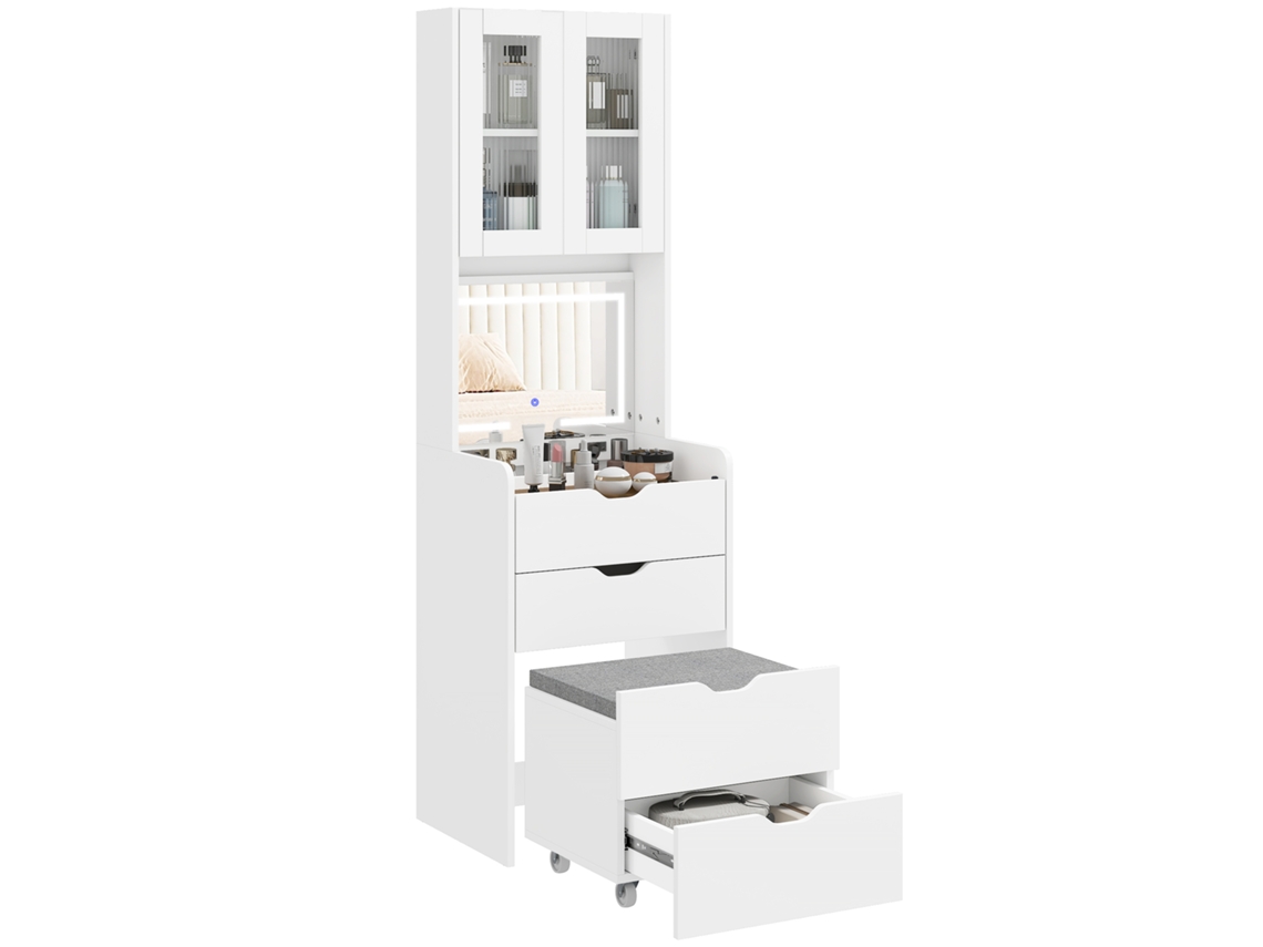 Toucador de maquiagem com luzes LED, espelho, banco, 50x40x160cm branco VELTUS TRADE