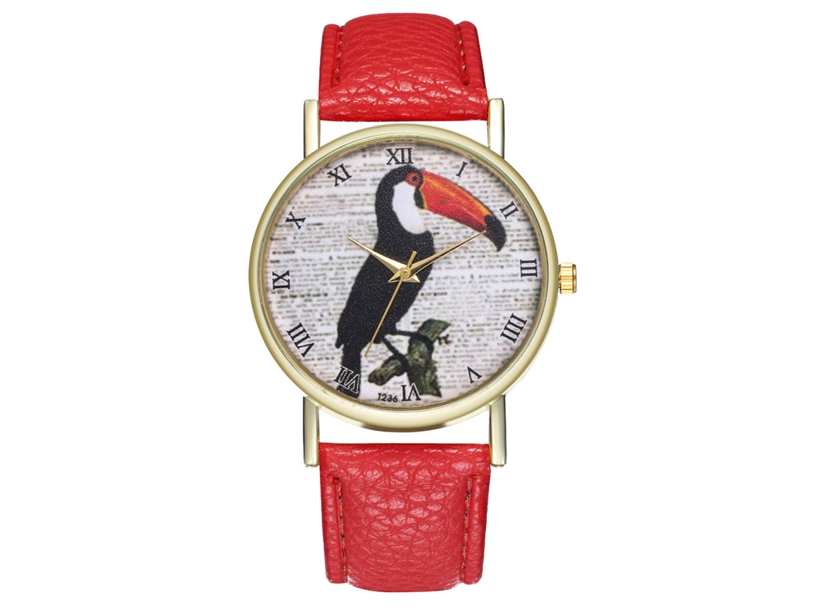 Reloj Analógico De Cuarzo Con Correa Pu Para Mujer Hombre Ave Bonita Rojo
