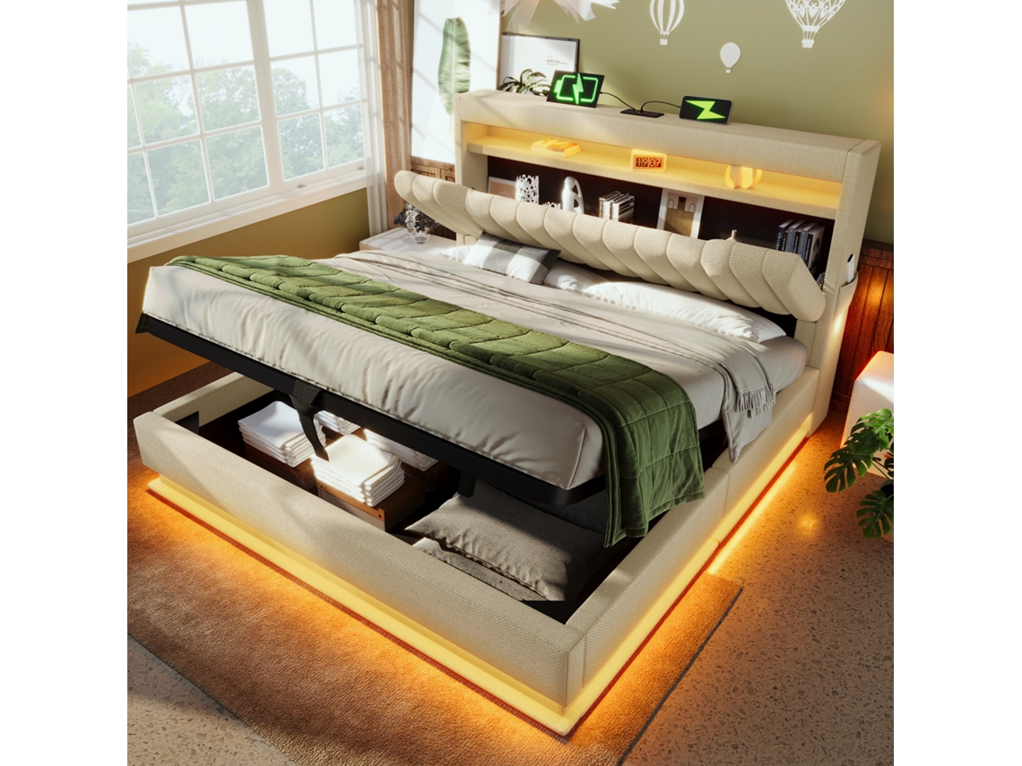 Cama Casal 160x200cm Armazenamento Hidráulico Usb Type-c Led Bege