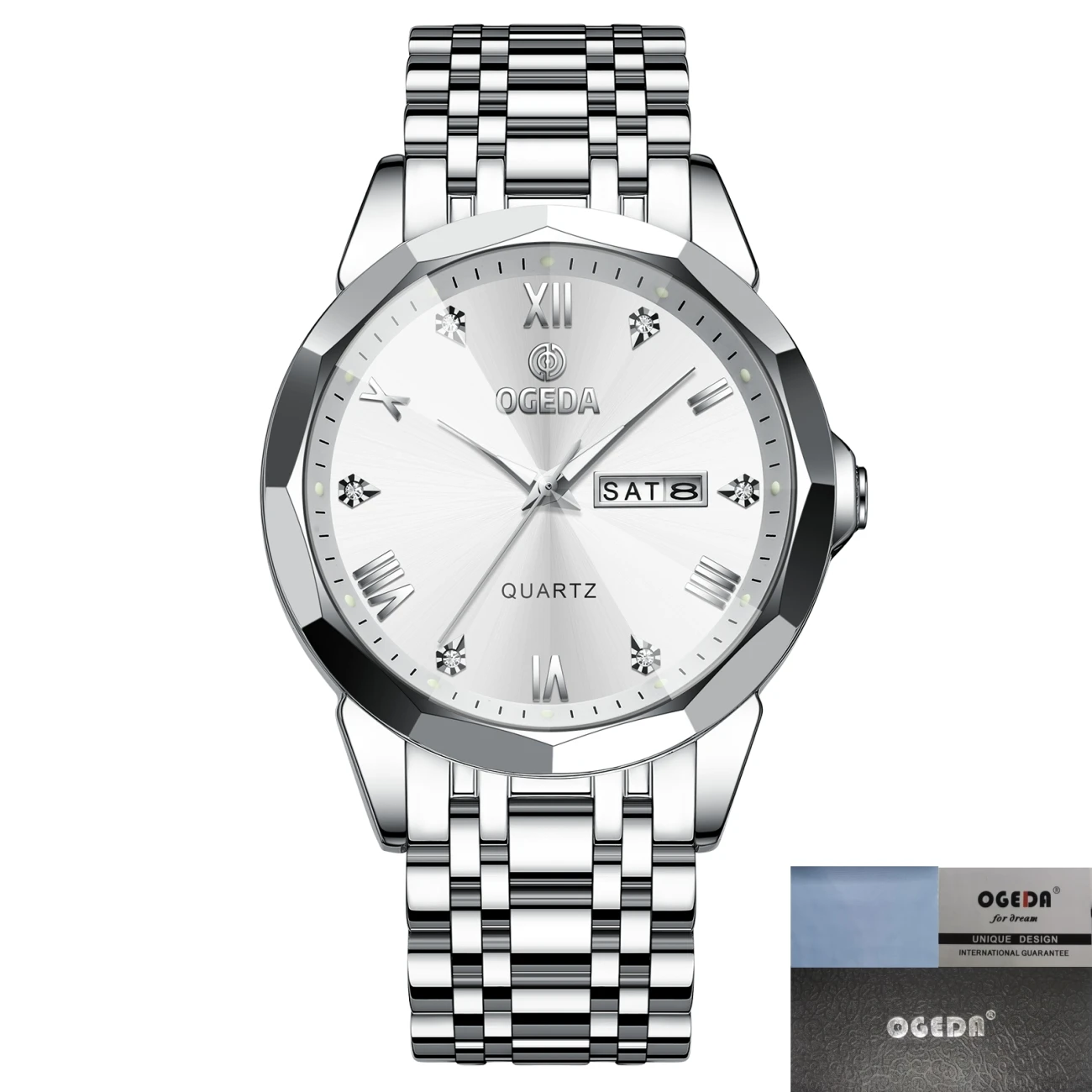Relógio Masculino Casual De Luxo (branco Prateado), À Prova D'água, Com Pulseira Luminosa De Diamantes E Mostrador De Data.