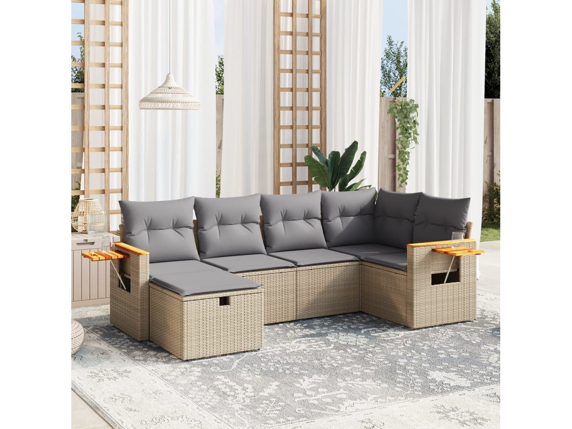 Vidaxl 6 Pcs Conj. Sofás Jardim C/ Almofadões Vime Pe Bege Misturado