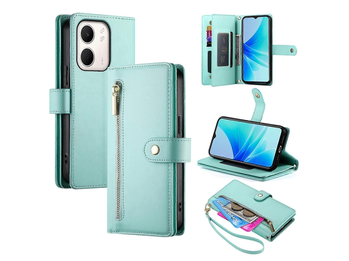 Capa De Couro Com Zíper E Alças Para Oppo A5x 5g 4g, Estilo Carteira, Verde Menta