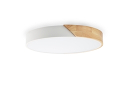 Plafão Led Circular Kumo 30w Ø40cm, Metal Branco Com Madeira Natural, Luz Selecionável 3000k 4000k 6000k Alpinaluz