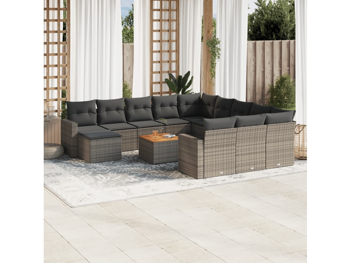 Vidaxl 13 Pcs Conjunto Sofás P/ Jardim C/ Almofadões Vime Pe Cinzento