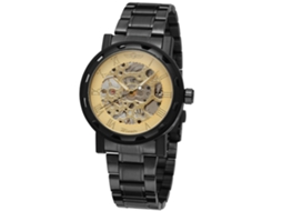 Relógio Masculino Winner Mecânico Resistente À Água Pulseira de Aço Preto Ouro
