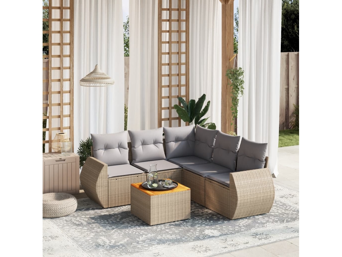 Vidaxl 6 Pcs Conjunto De Sofás P/ Jardim Com Almofadões Vime Pe Bege