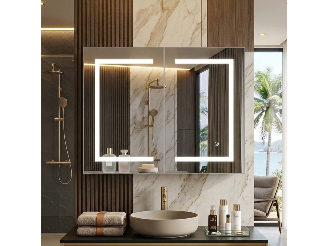 Armário de Casa de Banho com Espelho Led MDF Vidro | LAZYSPACE