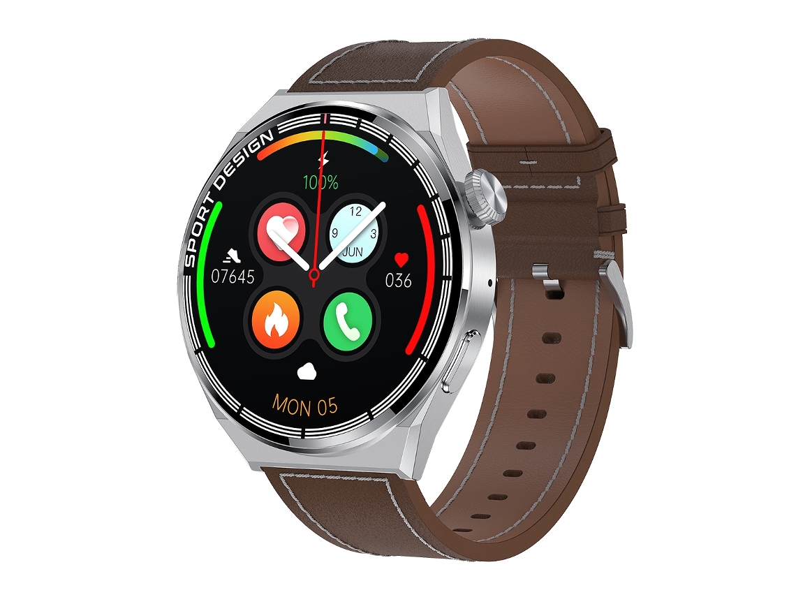 Smartwatch HDT MAX 1,60'' pulseira de couro com mostrador prateado IP68 à prova d'água com suporte para chamada Bluetooth (marrom)