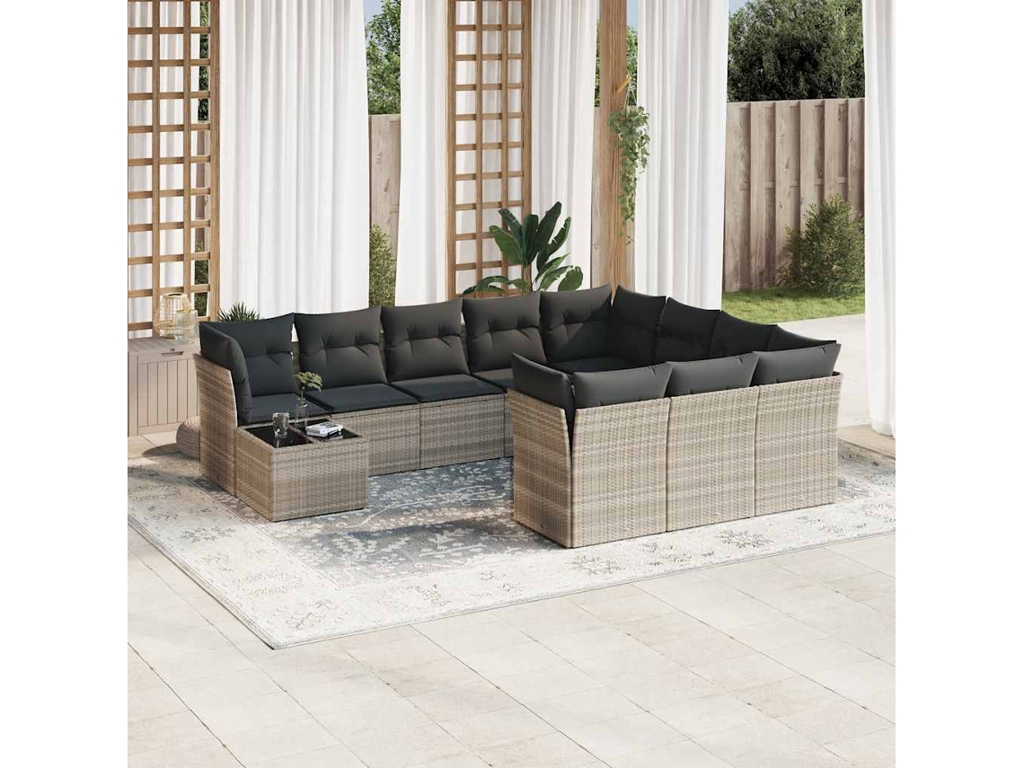 Vidaxl 11 Pcs Conjunto Sofás De Jardim C/ Almofadões Vime Pe Cinzento