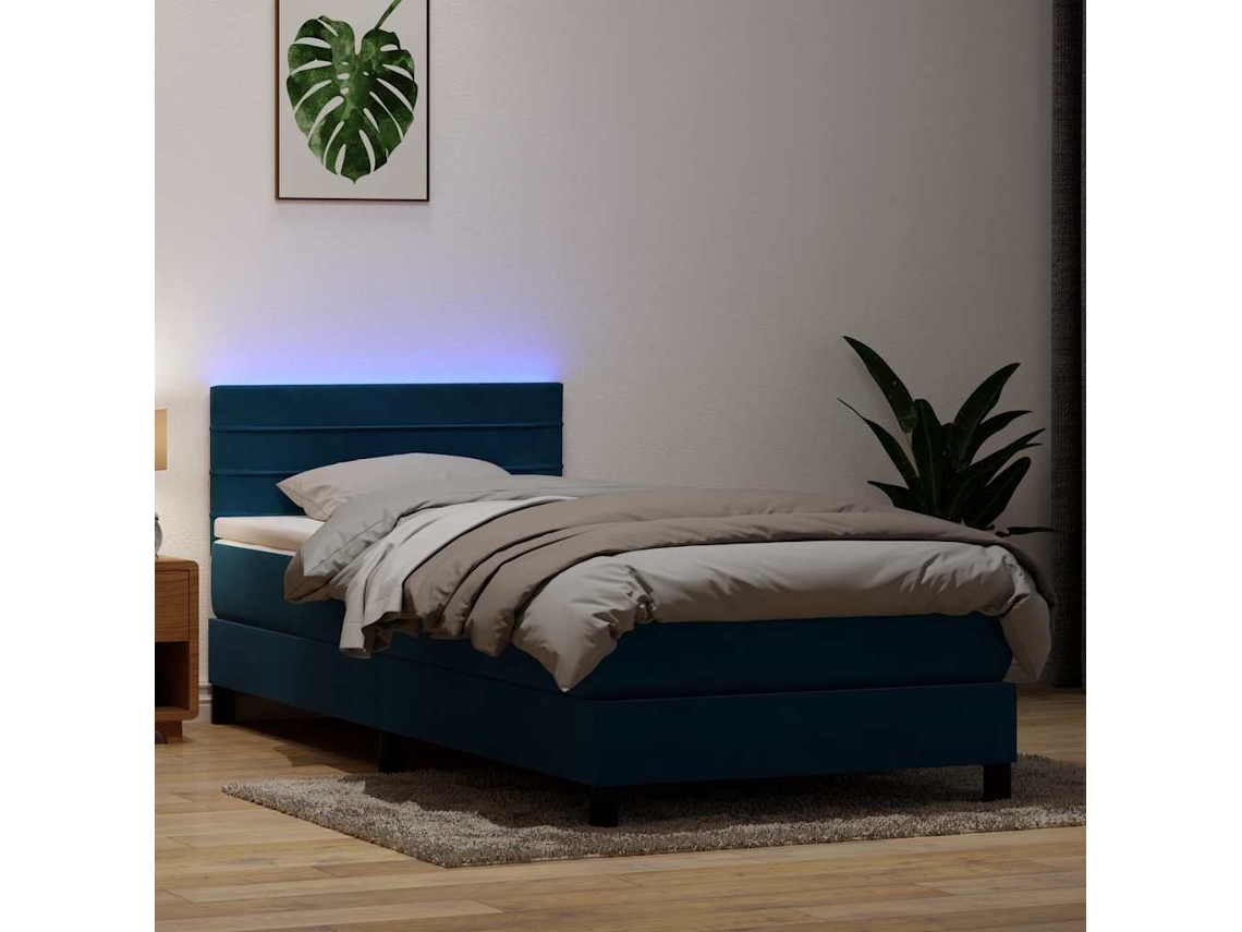 Vidaxl Cama Box Spring C/ Colchão E Led 80x220 Cm Veludo Azul-escuro