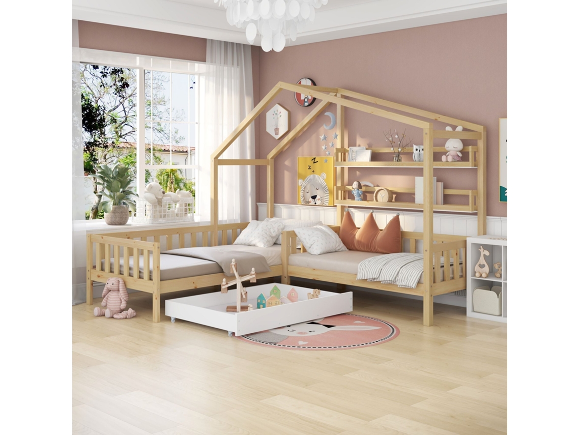 Cama Alta 90x200 com Gavetas e Prateleiras Natural