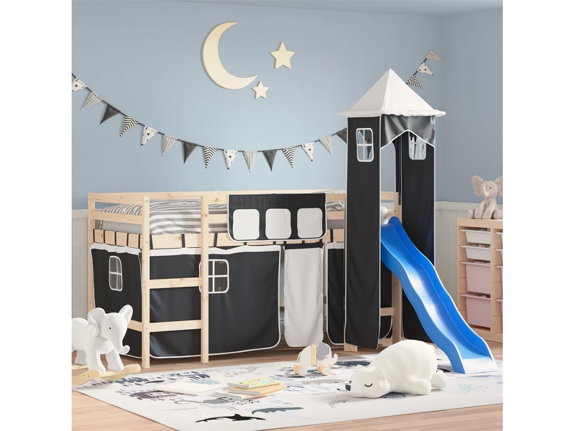 Vidaxl Cortinas Para Cama Elevada Com Torre Poliéster Branco E Preto