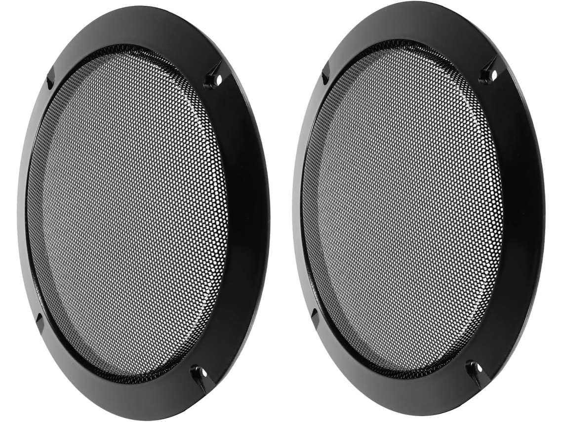 Conjunto de 2 Grades Metálicas Pretas para Alto-falante, Formato Circular Decorativo para Subwoofer.