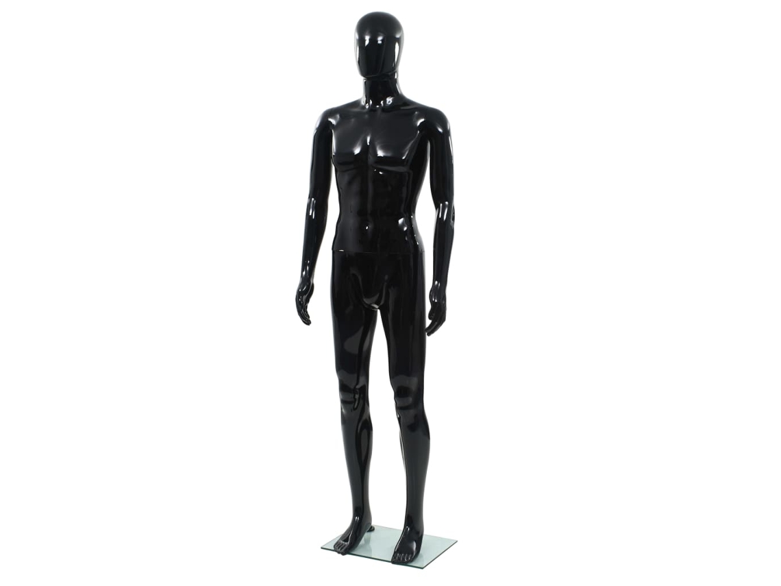 vidaXL Manequim masculino completo base vidro 185 cm preto brilhante