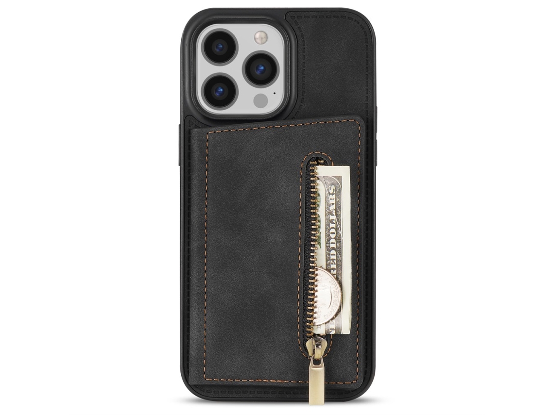 Capa Fecho Para Iphone 15 Pro Pele Sintética Preto