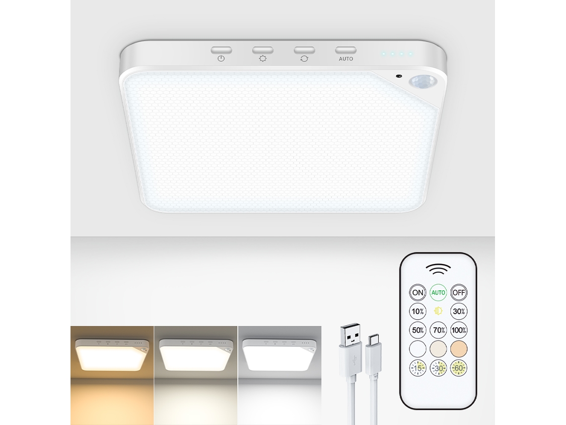 Luminária de Teto Recarregável com Sensor de Movimento e Controle Remoto, Bateria de 5000mah. MDUG (quadrada, 6w)