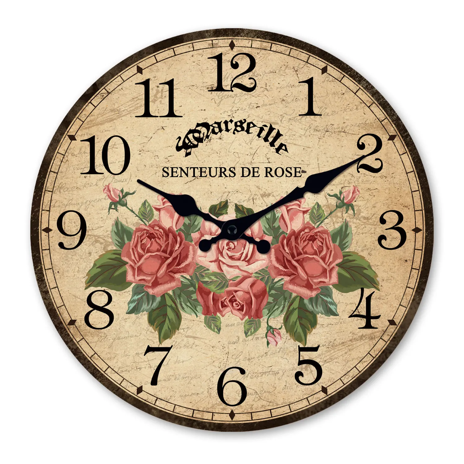 Relógio de parede vintage em madeira com estampa floral de rosas, 30 cm (12 polegadas), relógio de quartzo silencioso.