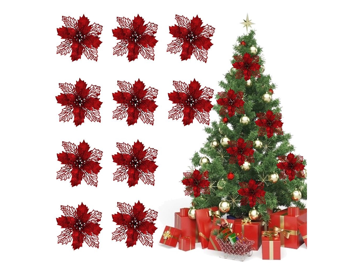 Flores Artificiais de Poinsettia com Glitter 11cm | S/MARCA