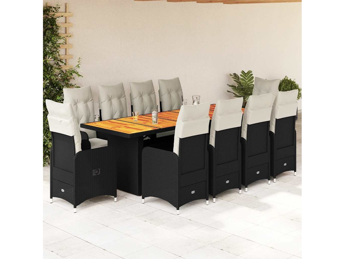 Vidaxl 11 Pcs Conjunto De Bistrô P/ Jardim C/ Almofadões Vime Pe Preto