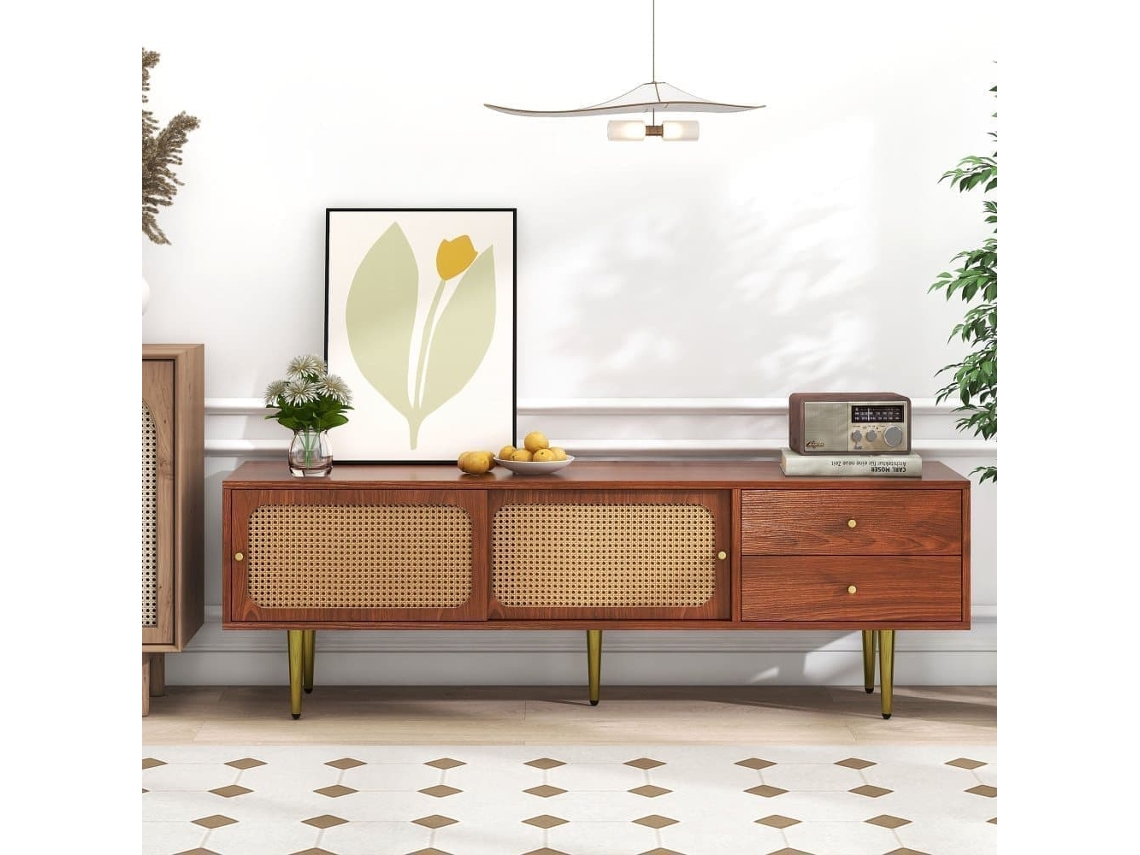 Móvel De Tv 160x40x60 Cm - Estilo Moderno Com Portas De Correr Em Rattan E Gavetas - Nogueira E Rattan Escuro