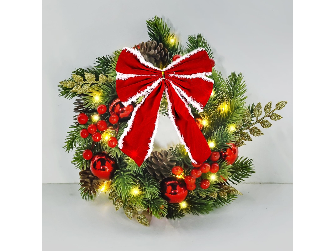 Guirlanda Natal Led a Bateria com Laço 30cm, Decoração Porta e Mesa