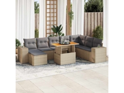 Vidaxl 9 Pcs Conjunto Sofás Jardim Com Almofadões Vime Pe/acácia Bege