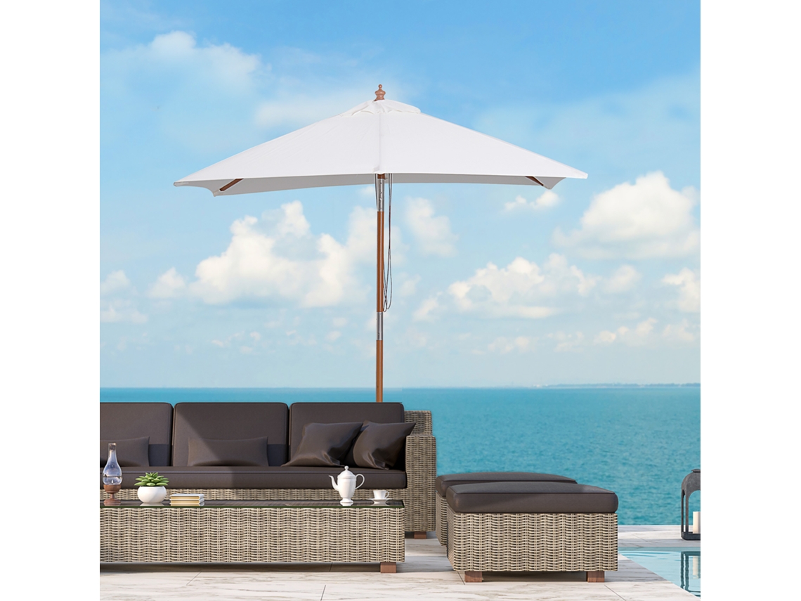 Guarda sol Retangular de Jardim com Inclinação, em Madeira e Poliéster de Alta Densidade, 2m X 1,5m X 2,3m, Cor Creme.