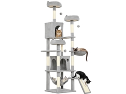 Árvore para Gatos com Escada, 2 Redes, 3 Poleiros, 2 Casinhas e 3 Plataformas, 48x48x192 Cm, Cinza e Creme. ESSÊNCIACASA