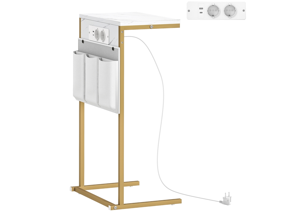 Mesa De Apoio, Em Mdf, Aço, Cor Branco E Dourado