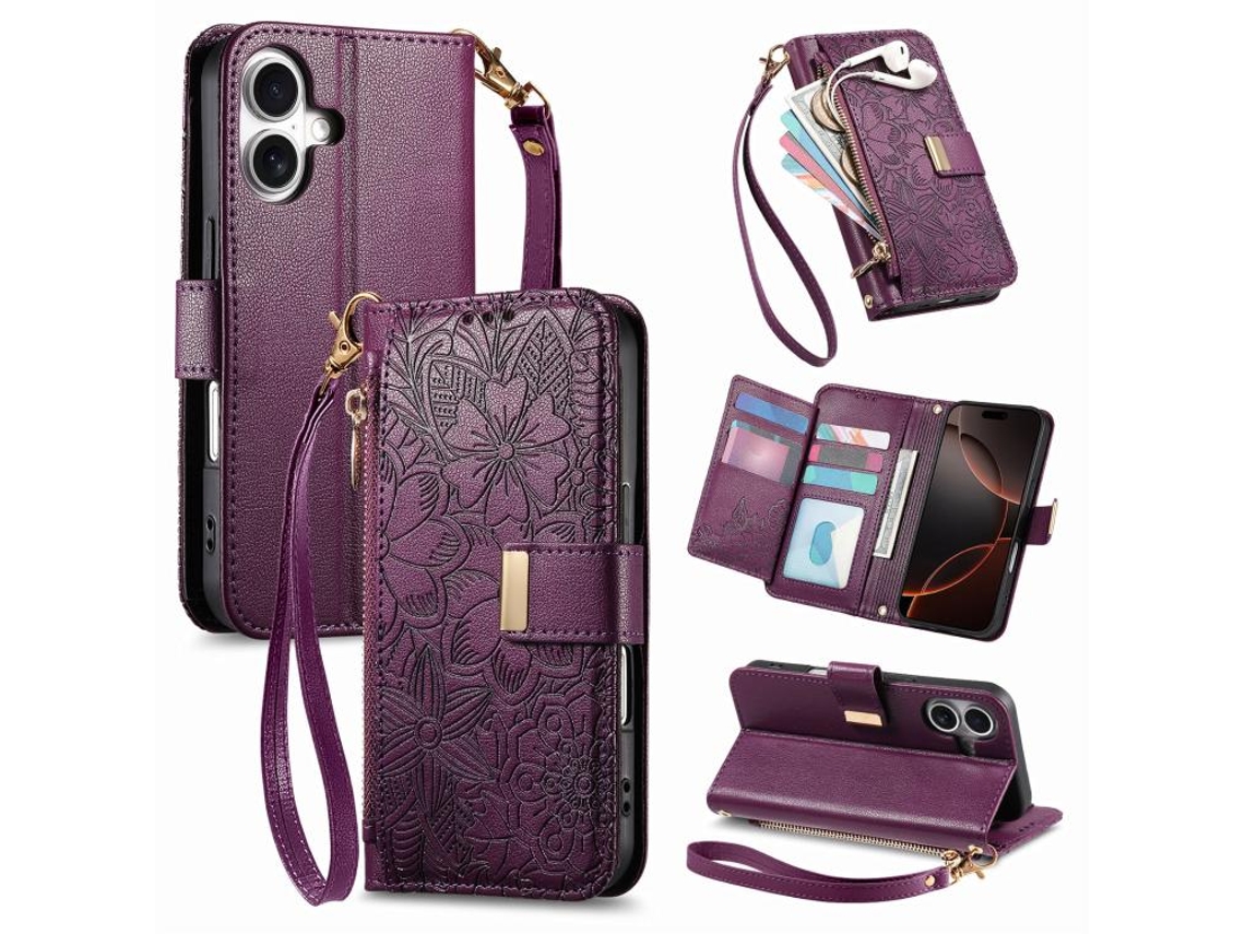 Capa Para Iphone 17 Em Couro Com Estampa De Flores E Folhas E Alça.