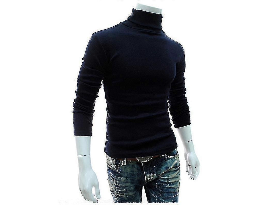 Suéter De Gola Alta Masculino De Tricot Solido De Algodão Misturado Manga Longa Para Outono E Primavera Casual Azul Marinho