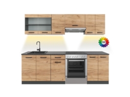 Linha de cozinha Raul, 240cm, PT Preto estampado com faixa LED, Carvalho dourado/antracite, Antracite, VICCO