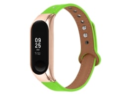 Bracelete de Couro Genuíno com Rebite Duplo Ouro Rosa para Xiaomi Mi Band 5/6 Verde Fluorescente