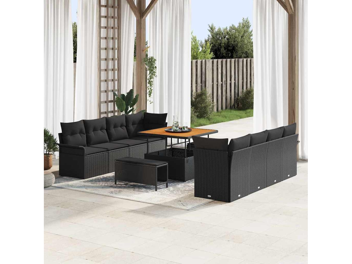 Vidaxl Conjunto de Sofá de Jardim com Almofada 11 Pcs Preto Vime Pe