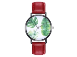 Relógio de quartzo unissex com pulseira de couro PU, estampa de folha verde (vermelho)