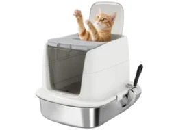 Caixa Areia de para Gatos em Aço Inoxidável L com Tampa Rebatível Pá Metálica Saco Desodorizante Fácil de Limpar Branco