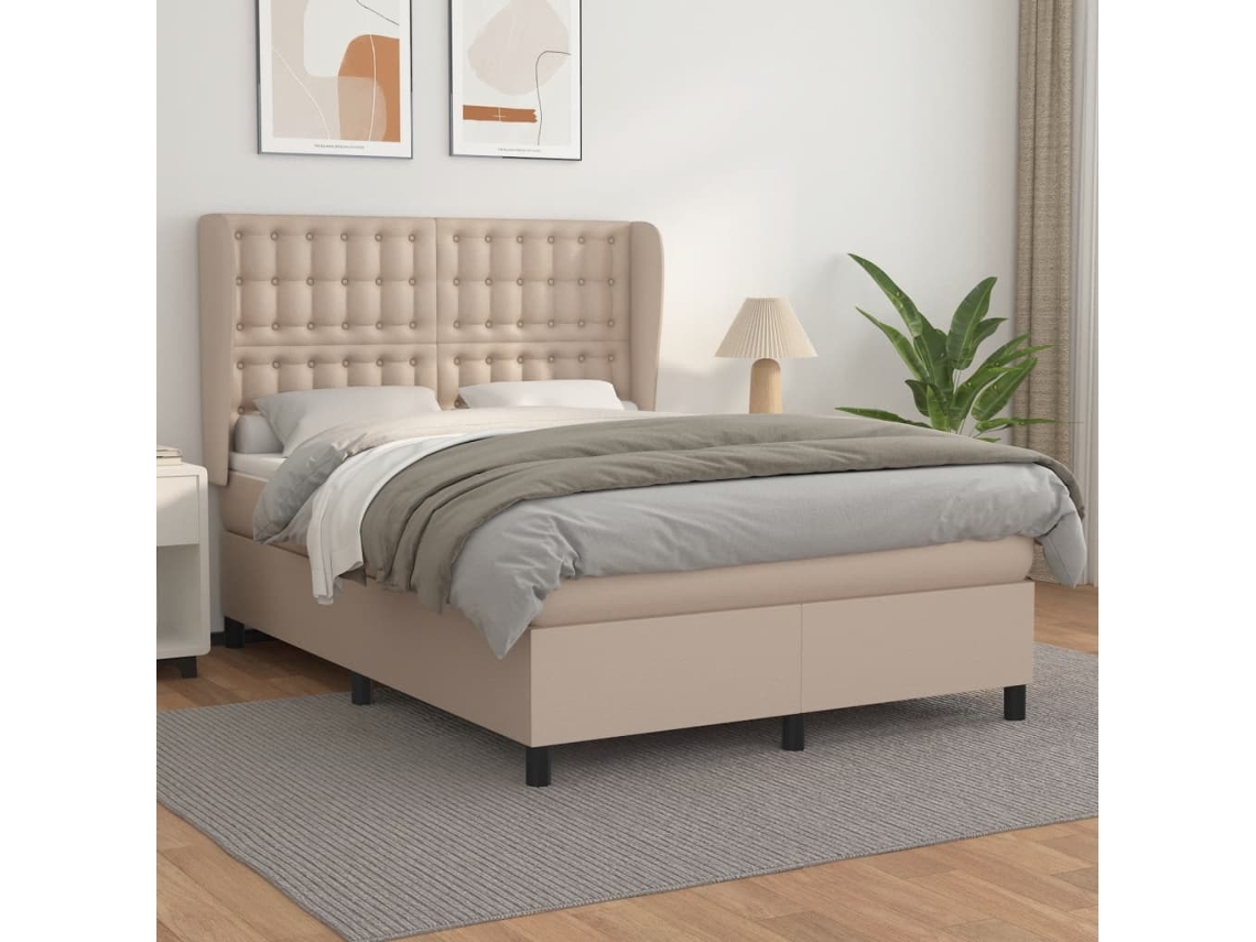 Vidaxl Cama Com Molas/colchão 140x190 Cm Couro Artificial Cappuccino