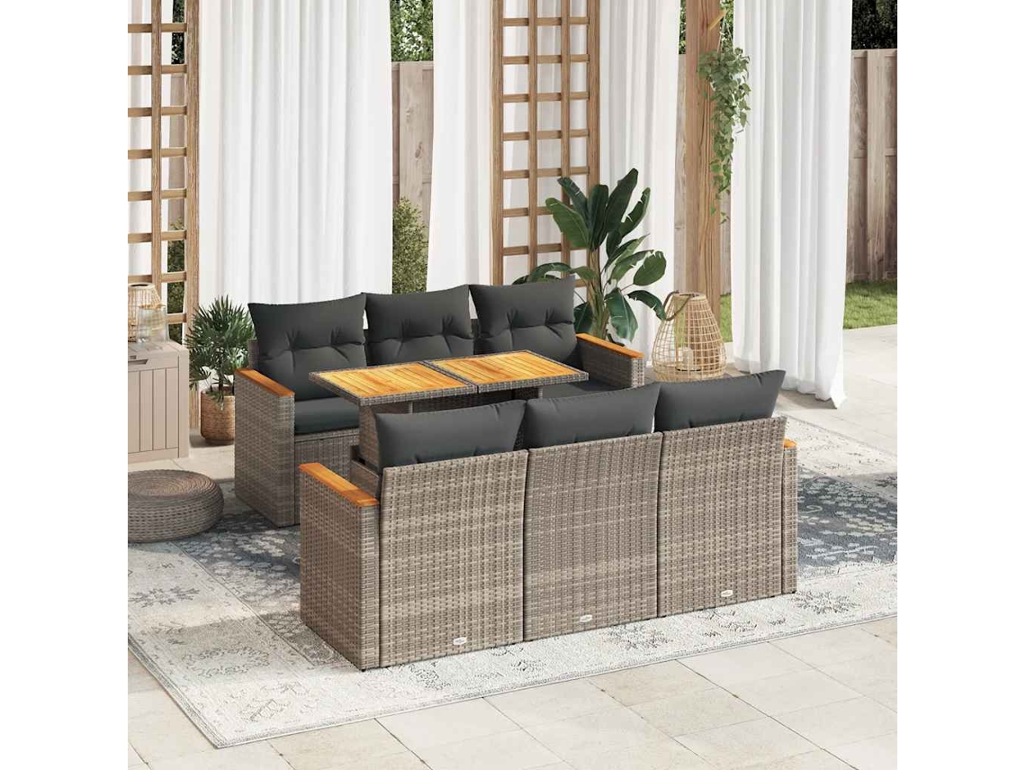 Vidaxl 7 Pcs Conjunto Sofás Jardim Almofadões Vime Pe/acácia Cinzento