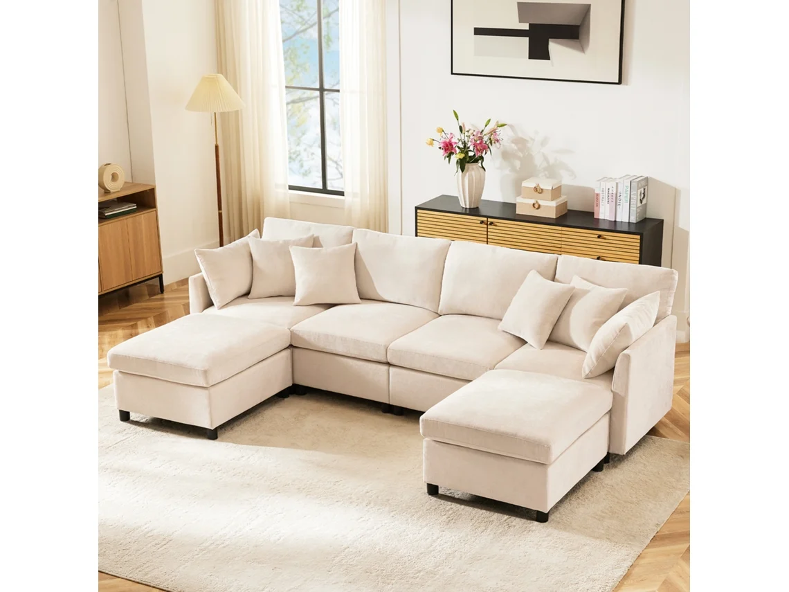 Conjunto Sofá Modular Em Chenille Conversível Em U Ou L Com 2 Puffs E 6 Almofadas