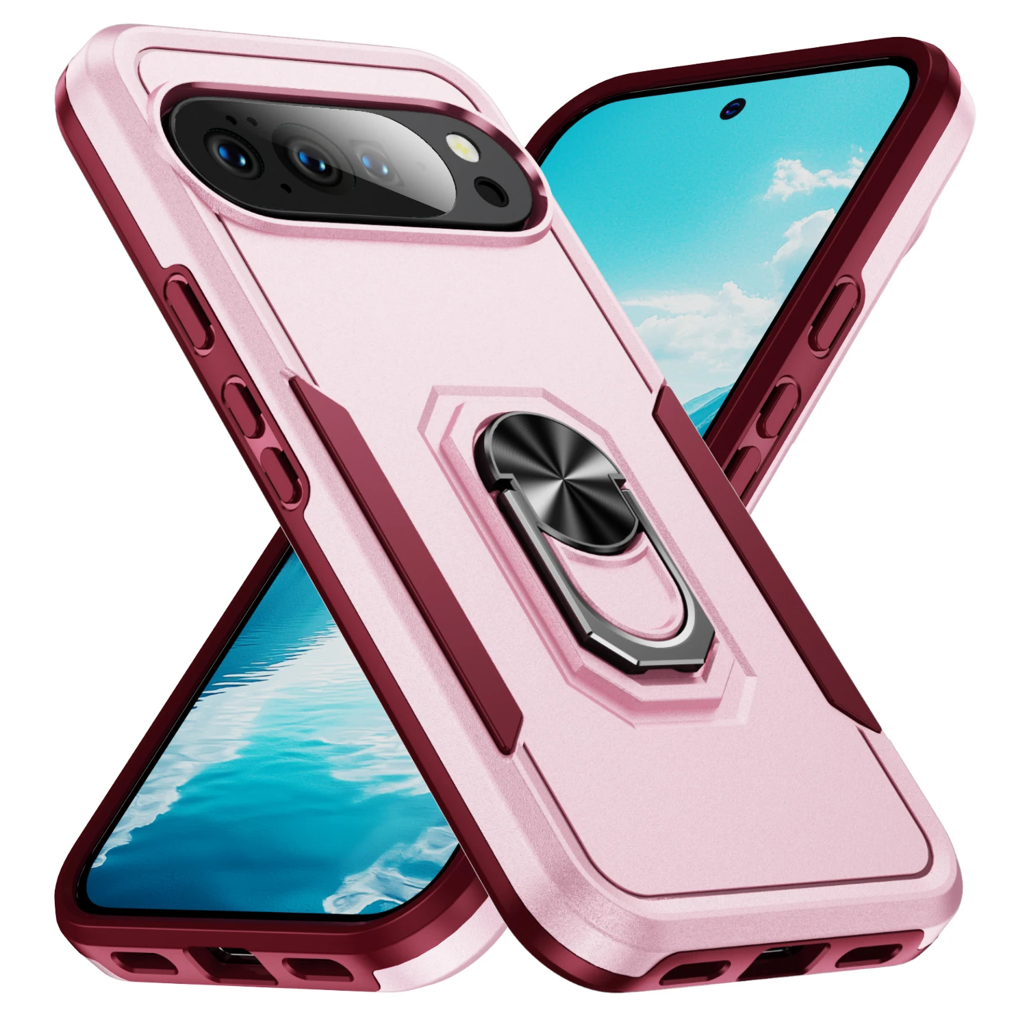 (rosa, Google Pixel 9 Pro) Capa Resistente Com Suporte Magnético Veicular, Anel De Suporte E Proteção Contra Quedas