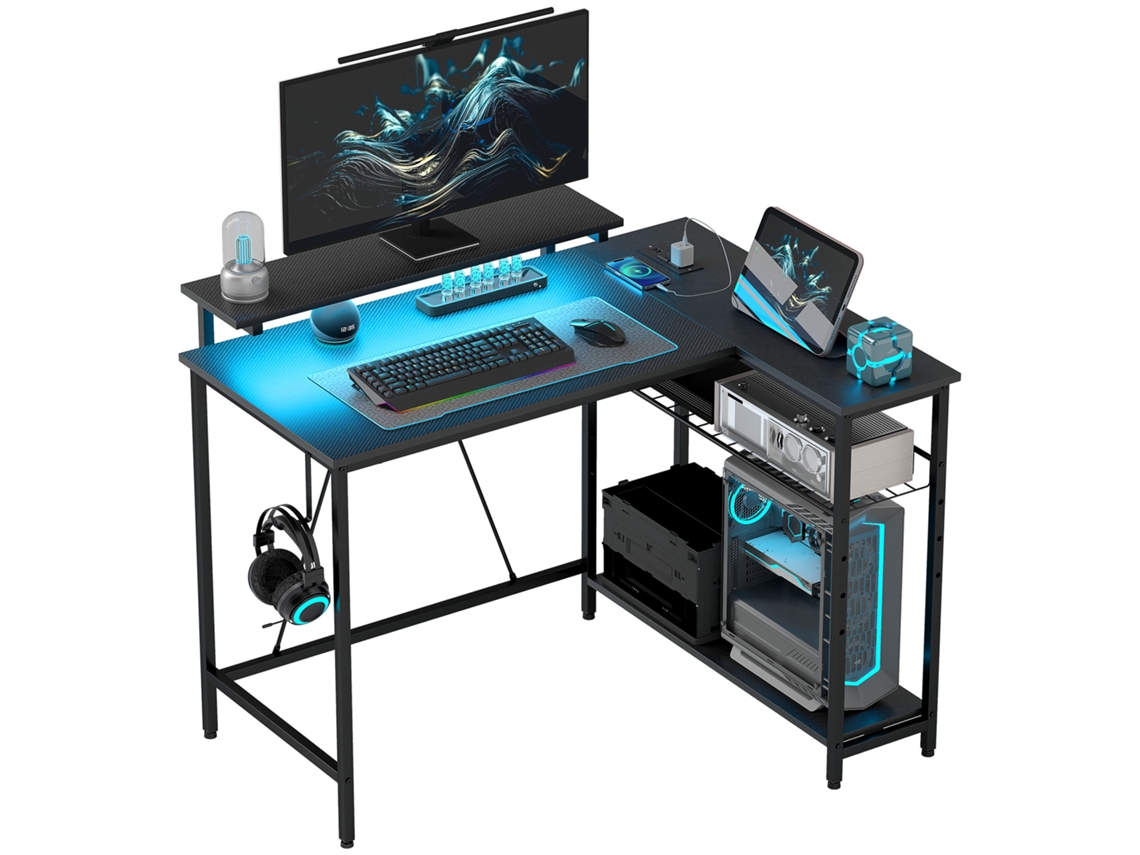 Mesa Computador L com Led S/MARCA (Tomadas e Usb, prateleira, Preto, 107x80x90cm)