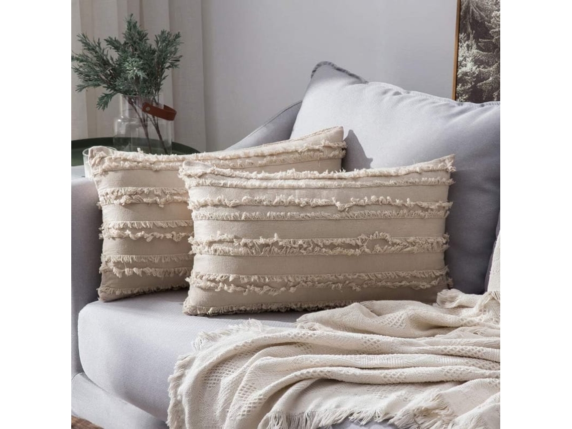 Conjunto De 2 Capas De Almofada Decorativa Boho Listradas Jacquard Linho Sofá Sala Quarto 12x20 Polegadas Bege