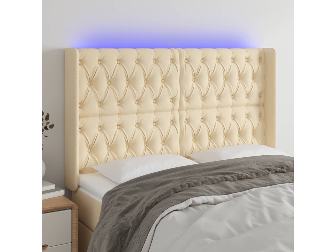 Vidaxl Cabeceira Cama C/ Luzes Led Tecido 147x16x118/128 Cm Cor Creme